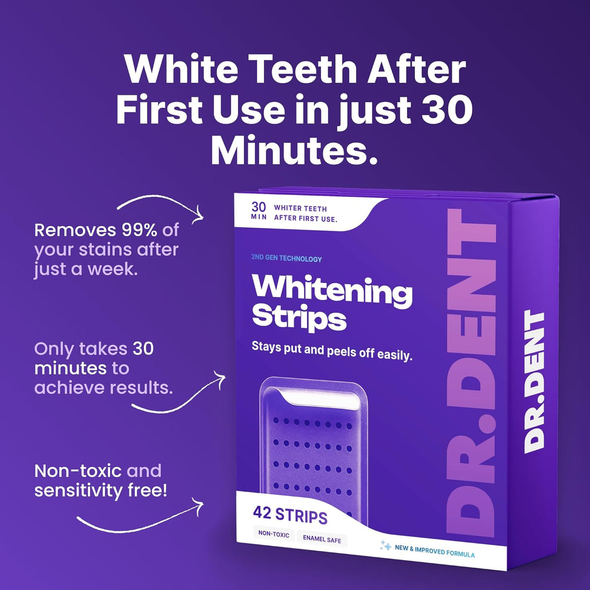 Purple Teeth Whitening Strips 21 Treatments - Safe for Enamel - Non Sensitive Teeth Whitening - Whitening Without Any Harm - Pack of 42.